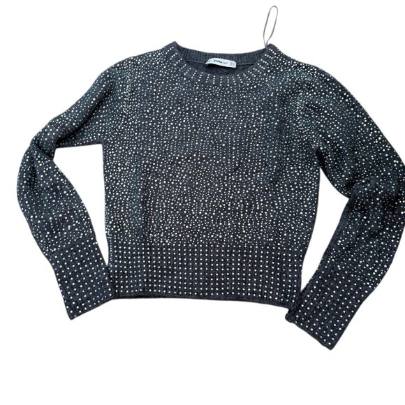 Zara FW18 Grey Beaded Short Sweater Size S crystals rhinestones - Picture 6 of 10